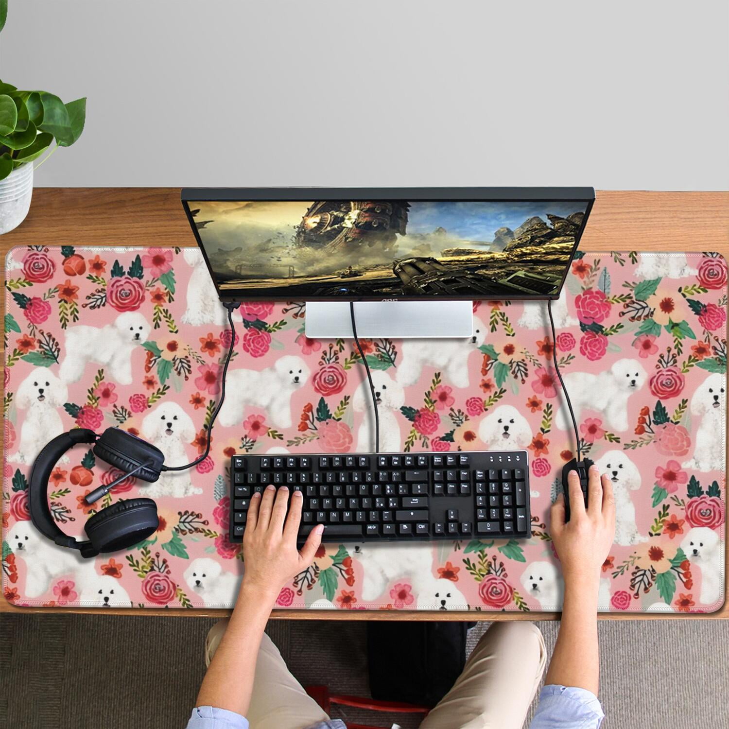 Long Mouse Pads for Desk,Bichon Frise Dog and Pioneer Flower Desk Mats on Top Of Desks, Desk Mouse Pad Extra Large with 3mm Non-Slip Base and Stitched Edge for Gaming,Office,Work,Home 47.3"x23.6"