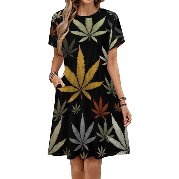 Weed Multicolored Black Background Dress Fashion Beach Short Sleeve Dresses Female Party Printed Sundress