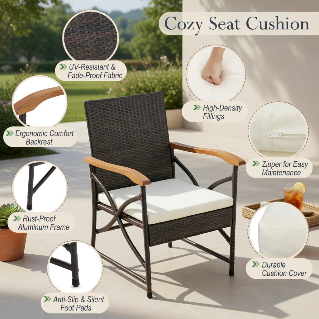 Hommoo 2-Pack Modern PE Rattan Patio Dining Chairs with Off-White Zippered Cushions, Ergonomic Wicker Outdoor Chairs for Backyard, Porch & Poolside, Brown
