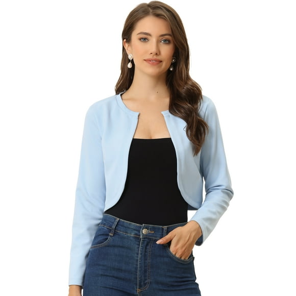 Cárdigan Crop Top Dobladillo Curvo Bolero Encogimiento Hombros de Otoño Invierno para Mujer Allegra K Azul Claro XL