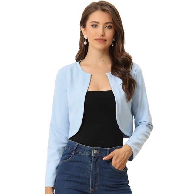 Cárdigan Crop Top Dobladillo Curvo Frente Abierto Bolero Encogimiento Hombros De Otoño Invierno Para Mujer Allegra K Azul Claro S