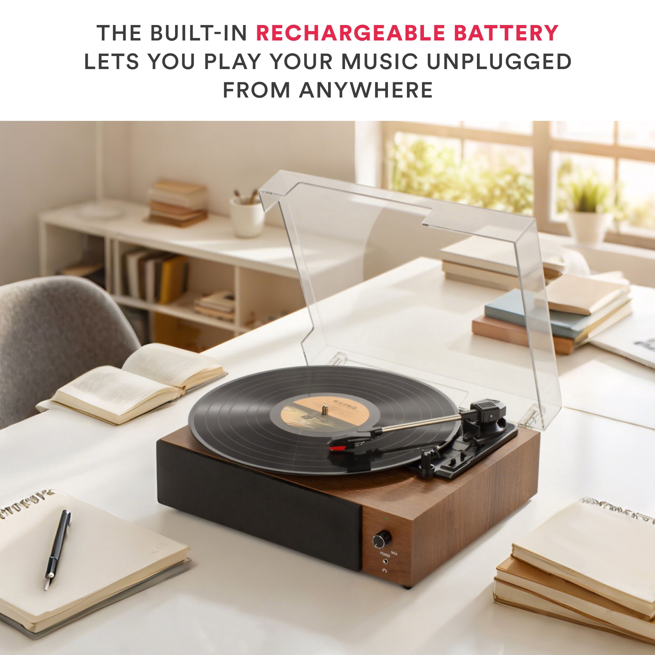 Core Innovations Wireless Bluetooth Turntable, 3-Speed Vinyl Record Player with Built-In Speakers, Wood Finish & Clear Dust Cover