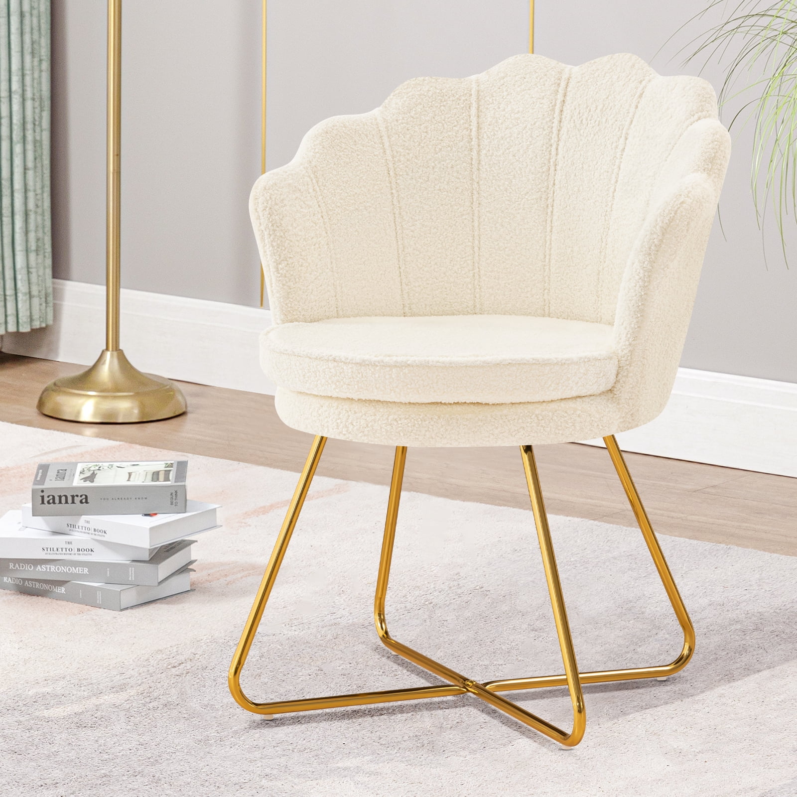 Furniliving Modern Sherpa Accent Chair Shell Back Makeup Chair Upholstered Arm Chair, White