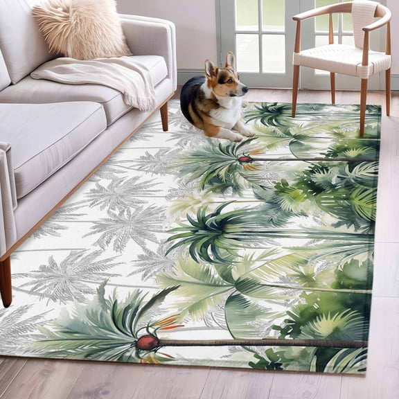 Area Rug 4'x6', Summer Tropical Leaves Non-slip Runner Rug Carpet for Bedside, Green Botanical Palm Trees Washable Outdoor Indoor Area Rugs Mat for Entryway/Living Room/Bedroom/Kitchen/Office