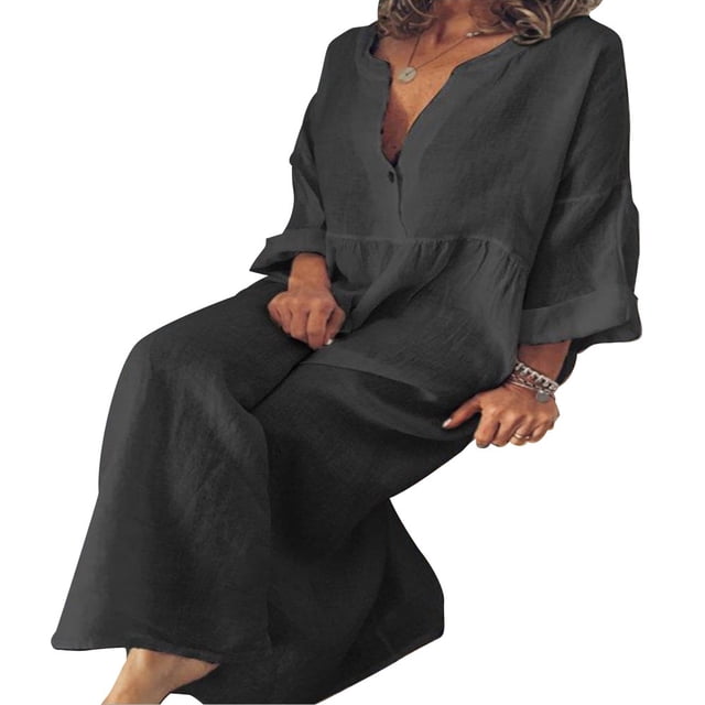 CHUANK Women Cotton Linen Long Sleeve Loose Maxi Dress Plus Size Solid Button Down Long Dress