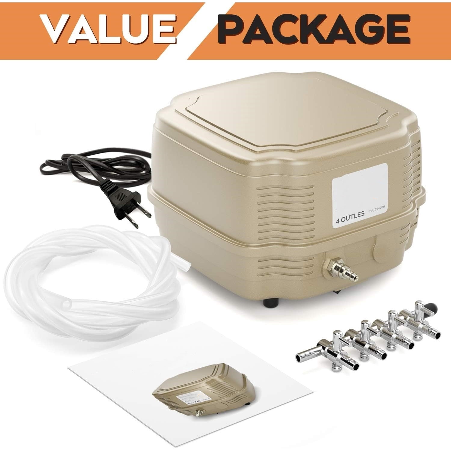 7W Ultra Silent Aquarium Air Pump - 245 Gallon/Hr, 4 Adjustable Outlets - Commercial & Hydroponics Oxygen Bubbler for Fish Tank & Pond