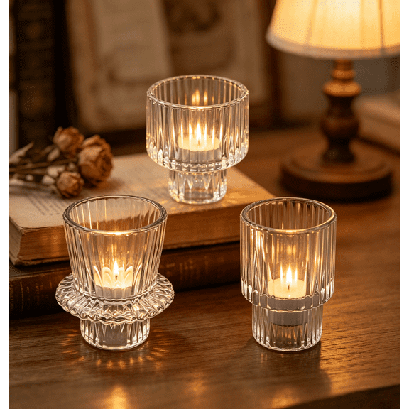 6Pcs Ribbed Glass Candle Holders, 3 Assorted Styles, Dia 1.6"/2.0"/2.4", H 2.2"/2.8", Clear Votive Tealight Taper Candle Holders for Home Wedding Decor