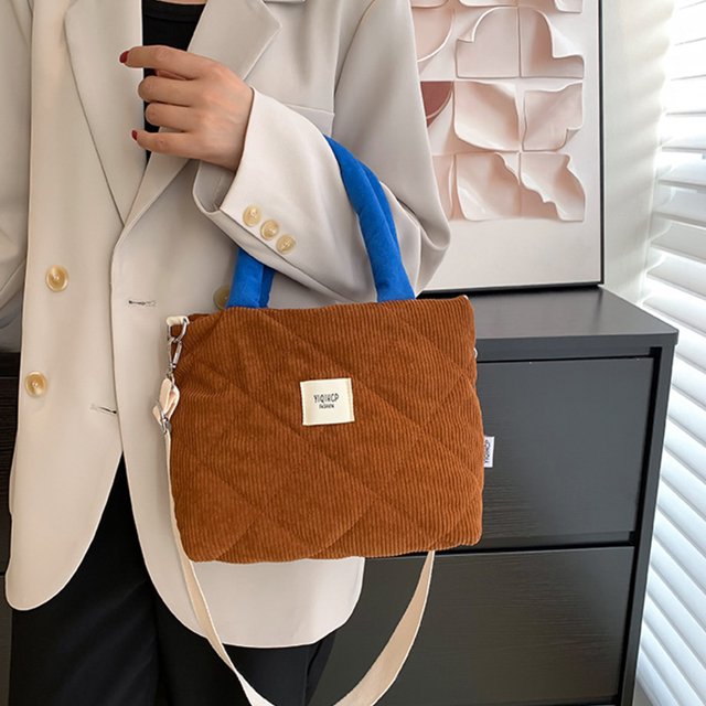 Bolso cruzado de pana para mujer, bolso de mano informal hinchado, bolso de compras de invierno (marrón)