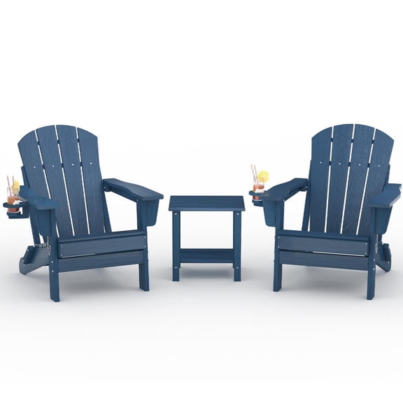 Folding Adirondack Chair Set of 2 with Side Table, HDPE Outdoor Patio Chair with Cup Holder, All Weather Resistent Wooden Textured for patios, Decks, Gardens, fire Pit, Navy Blue
