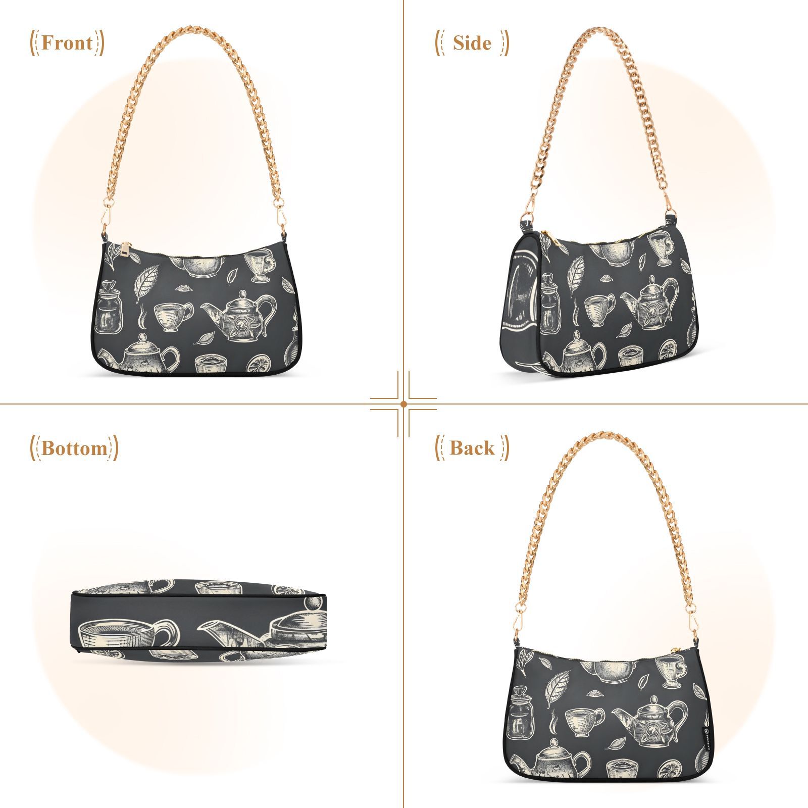 Tea Pots Cups LeavesWomen Small Shoulder Bag Crossbody Tote Hobo Bags Purse Clutch Handbags with Chain Strap for Women