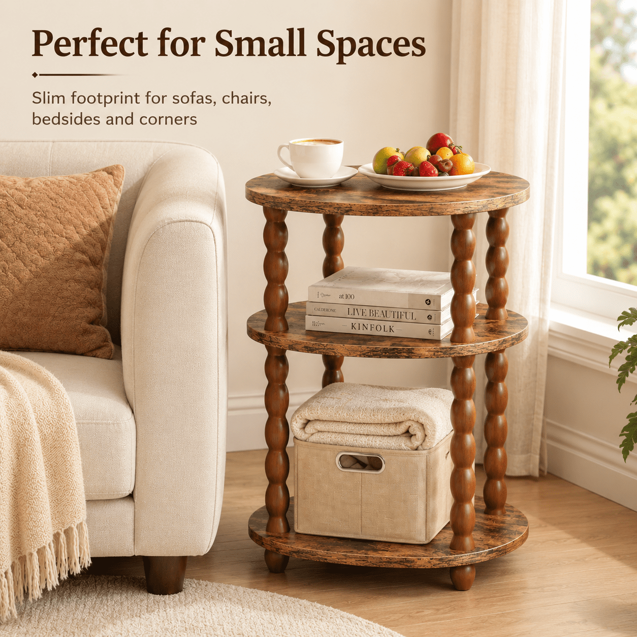MEHOOM 3-Tier Side Table, Small End Table for Living Room and Bedroom, Vintage Accent Table Nightstand with Storage