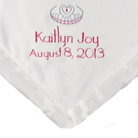 Personalized Satin Trim White Baby Blanket, Pink Name, Date and Crown