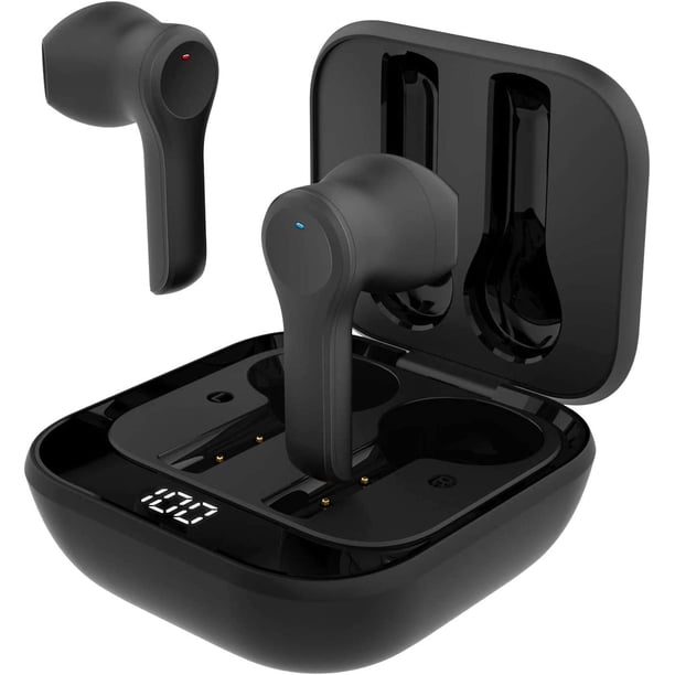 Auriculares inalámbricos, TWS Bluetooth 5.0 con estuche de carga, control táctil, auriculares deportivos impermeables con micrófono estéreo Bluetooth, carga tipo C, reproducción 24 horas (negro)