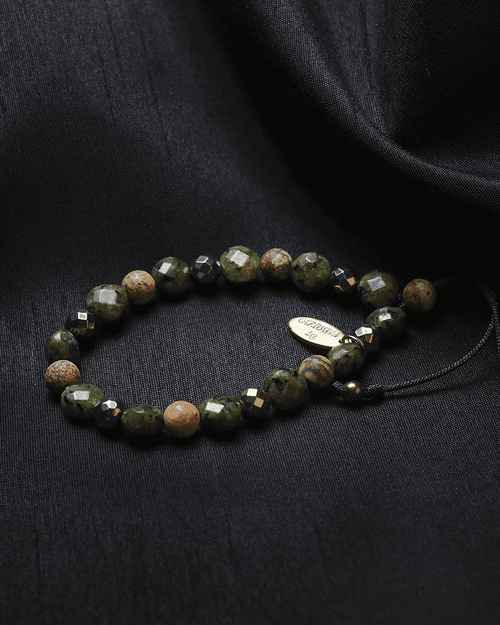 By Fabrizio Design Piero Adjustable Bracelet in Green Jade, Brown Agate, & Gold Hematite For Men & Women