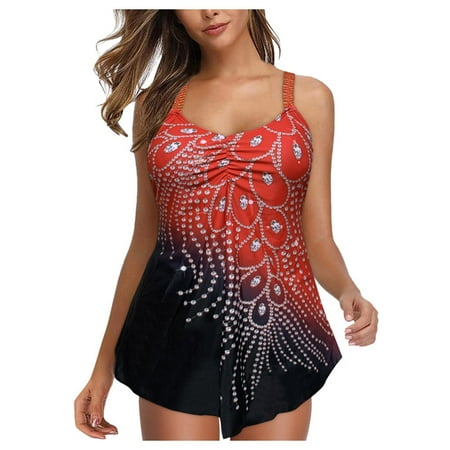 

Finelylove Swimsuits For Women Padded Sport Bra Style Shorts Red L