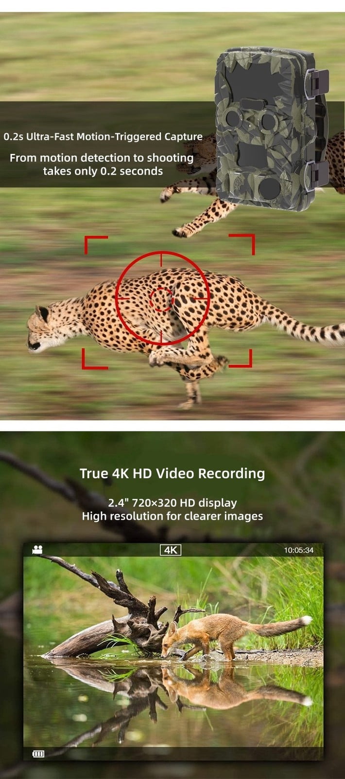 Dual Lens Trail Camera with Infrared Night Vision, Motion Activated Game Camera with 4K Video, Fast Trigger & IP66 Waterproof, Wildlife Camera for Outdoor Use