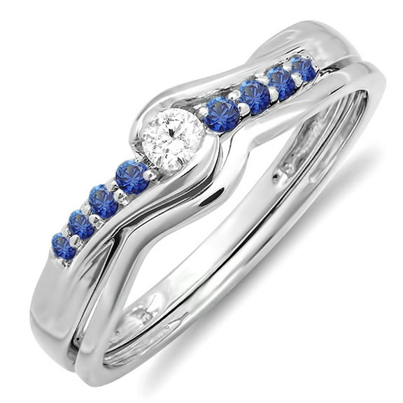 Dazzlingrock Collection 14K Blue Sapphire And White Diamond Ladies Bridal Engagement Wedding Ring Band Set, White Gold, Size 6.5