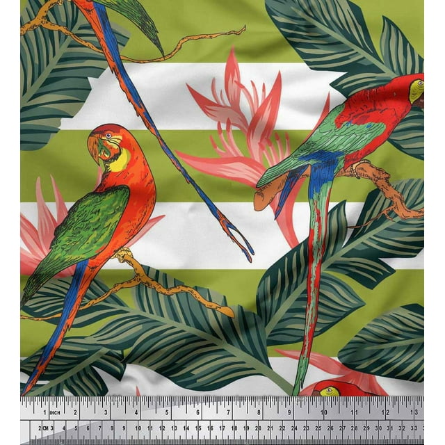 Soimoi Velvet Fabric Tropical Leaves,Stripe & Parrot Bird Print Fabric by Yard 58 Inch Wide