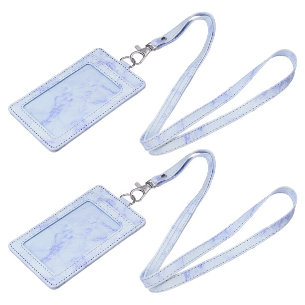 ID Soportes con Cordón, PU Cuero Vertical Tarjetas Ranuras Ventana para Oficina, Mármol Patrón Púrpura