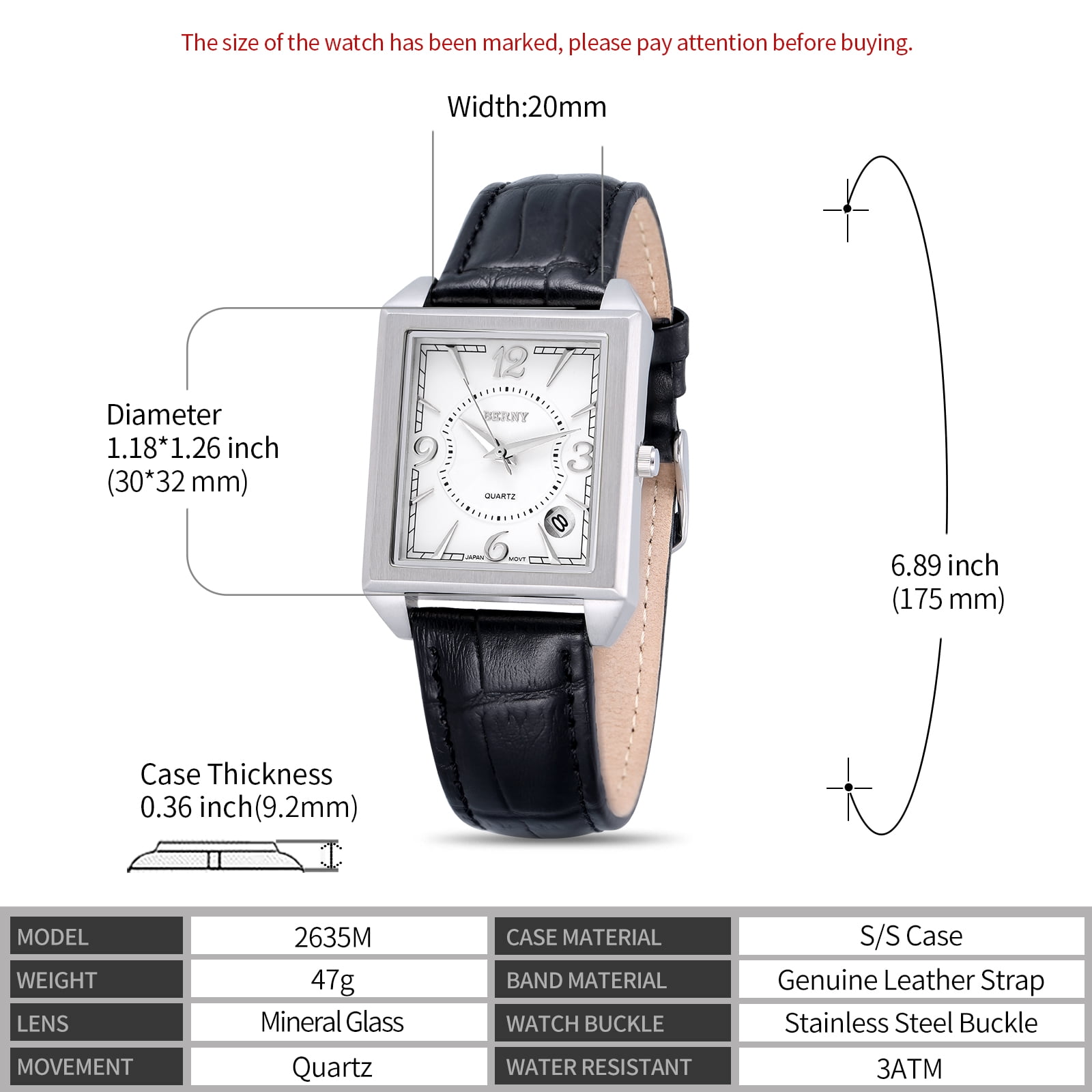 BERNY Square Watches for Men, Vintage Quartz Analog Leather Watch with Date Calendar, Stainless Steel, Waterproof, Dress Mens Wrist Watch Gifts (White)