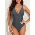 thumbnail image 4 of SHEWIN Womens Swimsuits One Piece Sexy V Neck Tummy Control Bathing Suits Athletic Training Ruched Athletic Swimwear Plus Size for Summer Gray XXL, 4 of 9