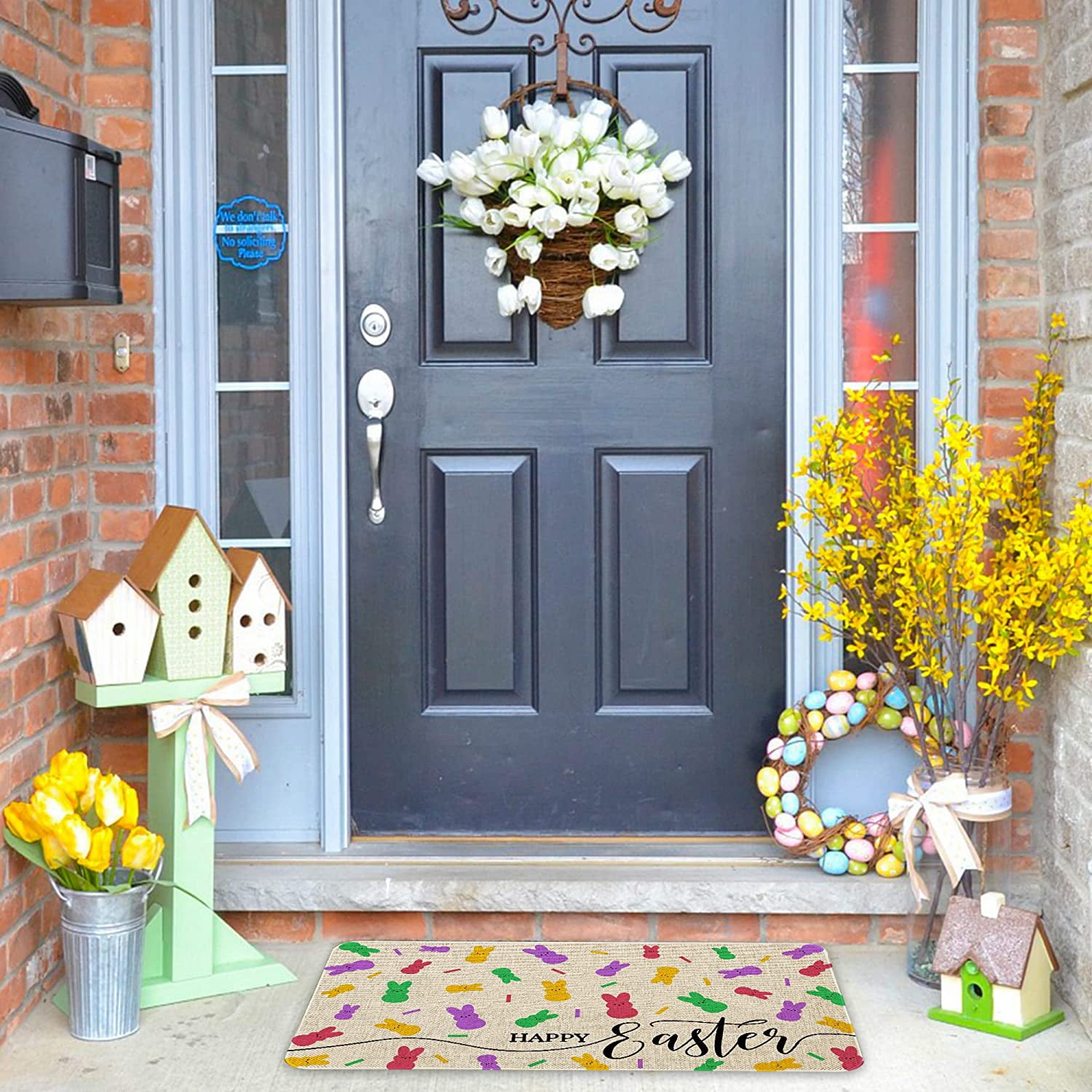 Happy Easter Door Mat 30 X 17 Inch Easter Bunny Welcome Peeps Doormat Indoor Outdoor Entrance Floor Rug Non Slip Spring Easter Decor Low Profile Mats