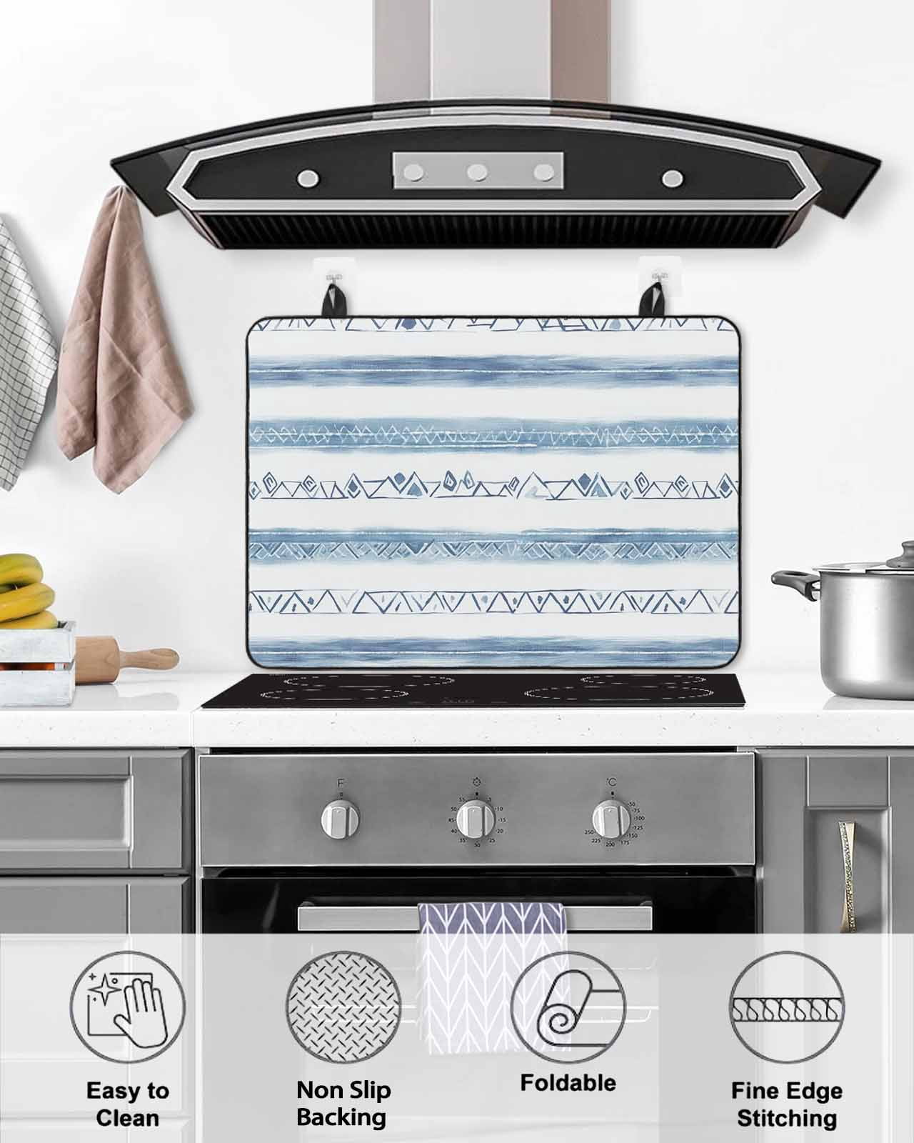 nqOlkjepod Large Induction Cooktop Protector Mat 24"x21", Blue White Stripe Stove Top Covers for Electric Stove, Modern Abstract Geometric Stripes Stove Burner Cover Mats, Glass Top Stove Cover