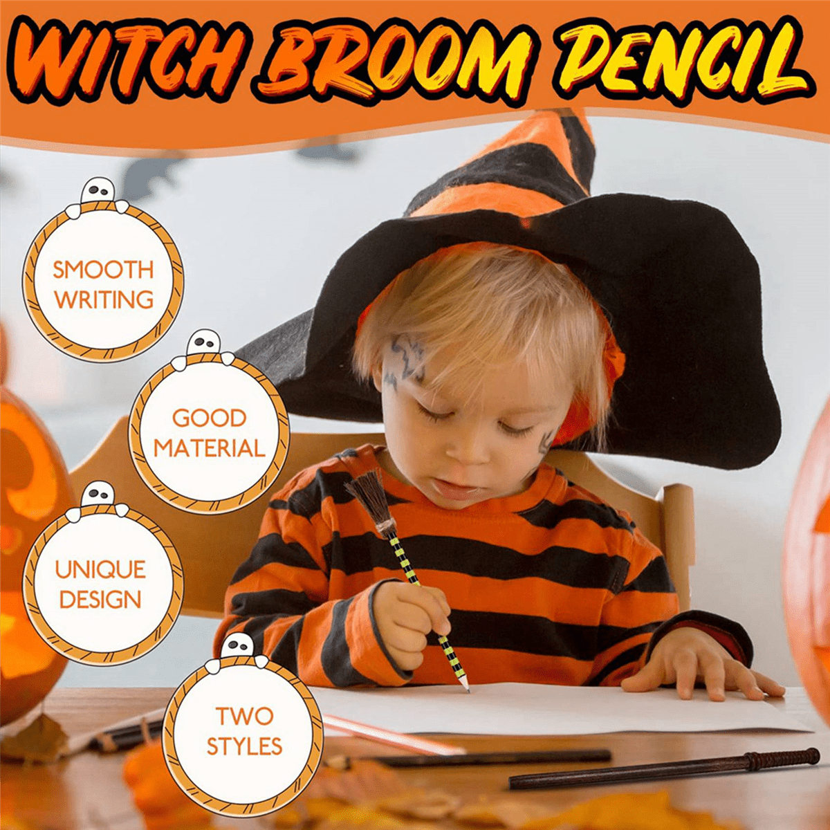 Crayons baguettes magiques 10 pcs + 10 balais de sorcière – Décoration fête Halloween et anniversaire DIY
