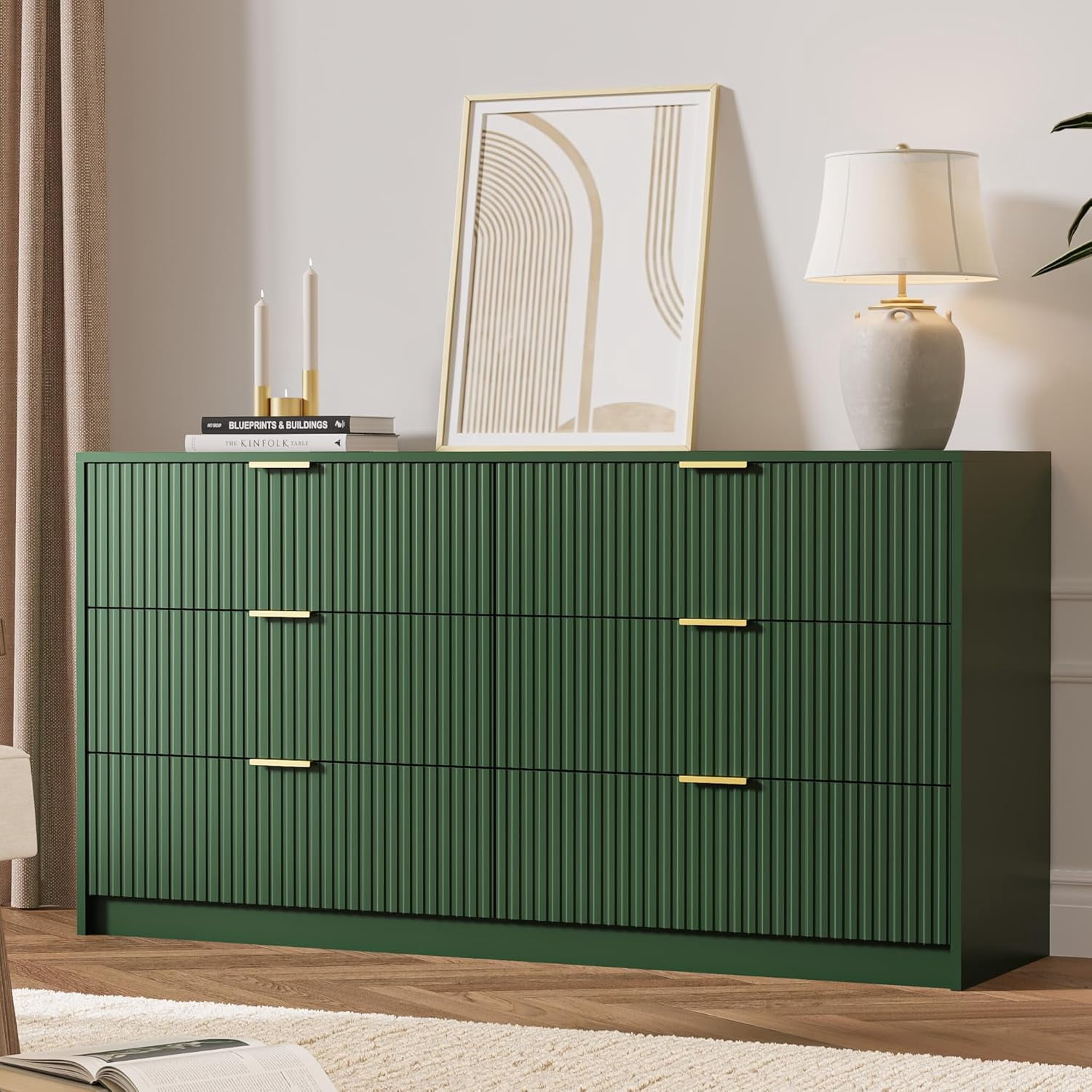 FURNIWAY Green 6 Drawer Dresser for Bedroom, 55 Inch Wide Modern Chest of Drawers with Fluted Wood Front and Gold Metal Handles for Living Room Hallway