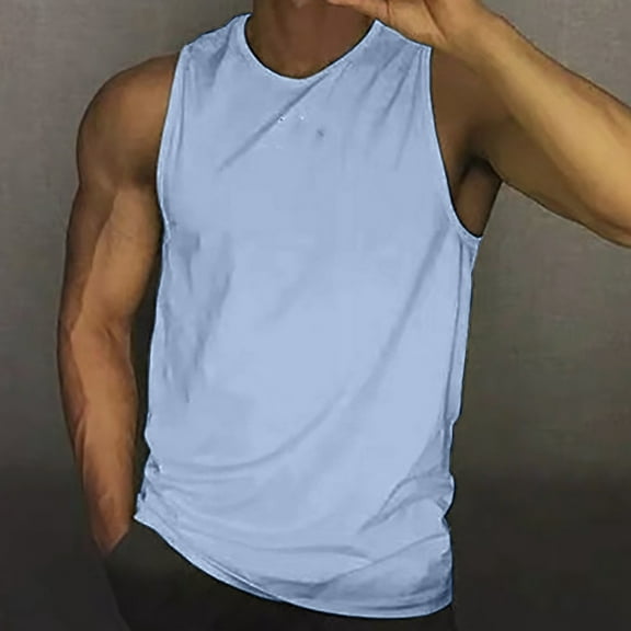 Caqnni Basic Style Classical Color Easy to Match Men Tank Top Shirts Comfort Soft Sleeveless (Light Blue,L)