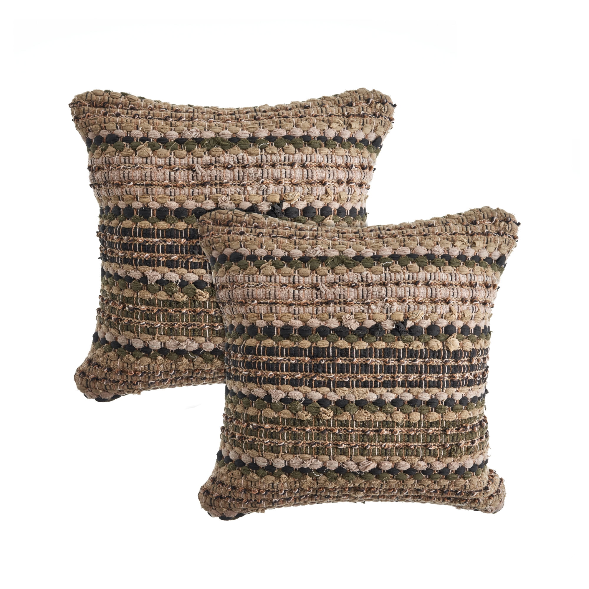 Laddha Home Designs Hand Woven Striped Square Throw Pillow - 18" - Beige and Brown - Set of 2