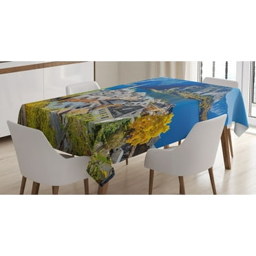 Ambesonne Fall Tablecloth Rectangular Table Cover, Mountain Village Austria, 52"x70", Multicolor