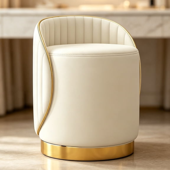 Turcyy Vanity Chair, Cream Faux Leather Padded Swivel Stool, Curved Tufted Backrest Dressing Table Seat with Gold Metal Trim