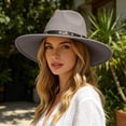 thumbnail image 2 of EliteGoogv Unisex Wide Brim Fedora Hat Classic Felt Panama Hat Flat Brim Jazz Hat with Belt Buckle Adjustable Suede Dress Hat for Women Men, 2 of 5