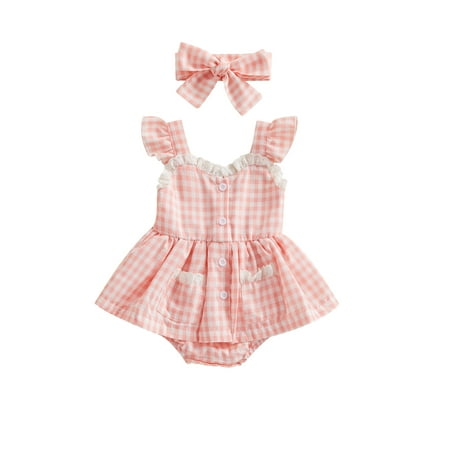 

Infant Baby Girl Bubble Romper Ruffled Dresses Plaid Lace Onesie Summer Clothes and Headbands