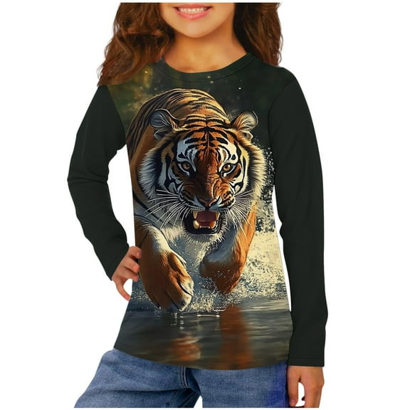 Kids Tiger Print Long Sleeve Crewneck Pullover Top Boys Girls Ages 3-14 Stretch Polyester Blend Casual Blouse Wild Design Spring Fall Winter Play Attire Layer Shirt Apparel