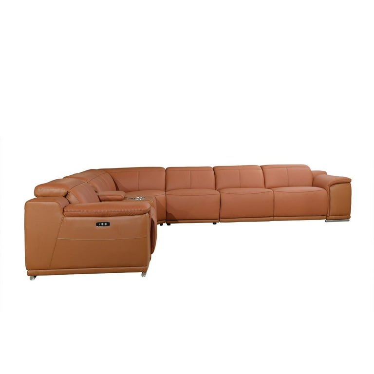 Camel Italian Leather Power Reclining U Shaped Seven Piece Corner Sectional With Console Camel Italian Leather Power Reclining U Shaped Seven Piece Corner Sectional With Console