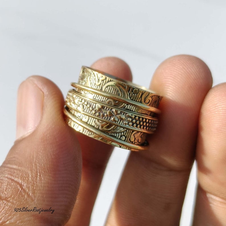 TRIDHA SILVER- Brass Spinner Ring - Wide Band Fidget Spinner Ring with Engraved Brass Band for Stress Relief Jewelry and Anxiety Meditation Focus Tool