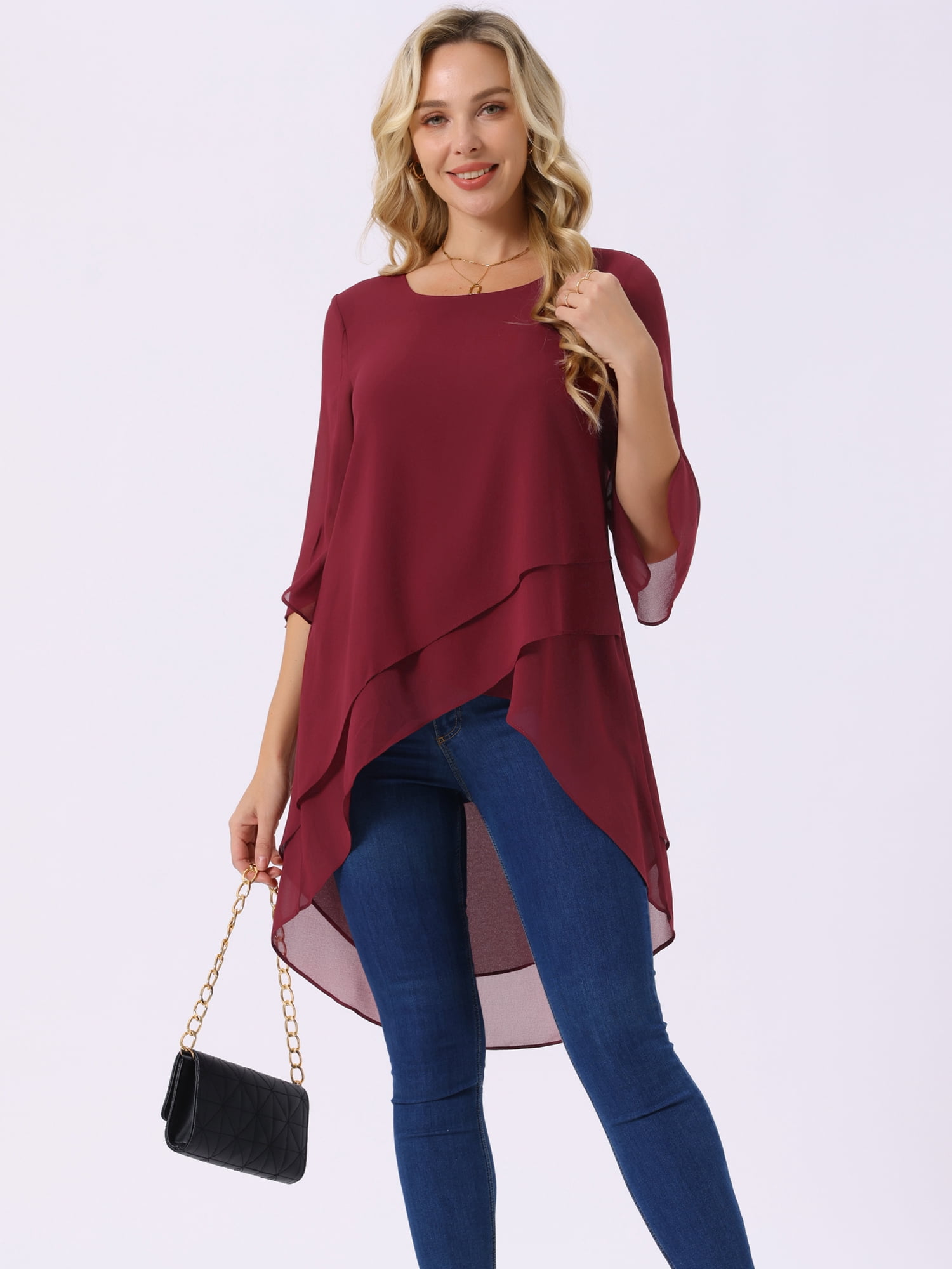 DARING DIVA Women's 3/4 Sleeve High Low Hem Scoop Neck Chiffon Blouses S Wine Red