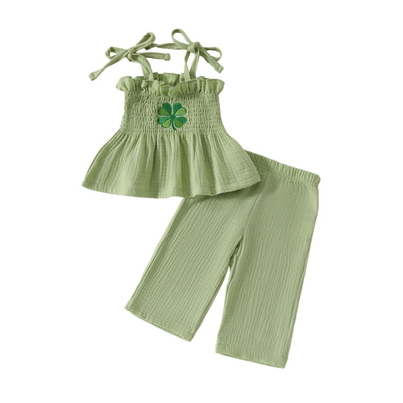 BLVB Baby Girl St. Patricks Day Outfits Toddler Newborn Sleeveless Smocked Ruffle Camisole Tops Long Pants Sets Summer Clothes