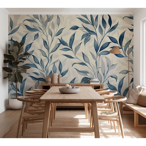 Floral Wallpaper Wall Mural - Leaves in Blue Colors