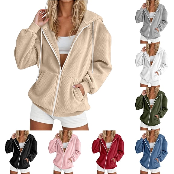 Bigetiay Women Hoodie Cozy Corduroy Long Sleeve Zip up Hoodie with Front Pocket Lightweight Casual Sweatshirt Autumn Everyday Wear Women Sweatshirt Khaki Jacket, Size M