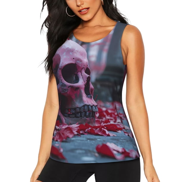 Fotbe Gothic Red Skull Cemetery Blusas Sin Mangas para Mujer – Estilo Casual, Corte Suelto, Slim-Fit, Cuello Redondo Deportivo, Tops de Verano para Gimnasio y Yoga-Small
