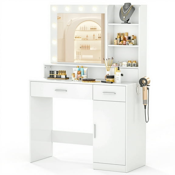 EverPick Vanity Desk with LED Lighted Mirror – Dressing Table with 2 AC Outlets & 2 USB Ports, 3 Adjustable Brightness Levels, 2 Storage Cabinets for Bedroom, Makeup, Hair Styling