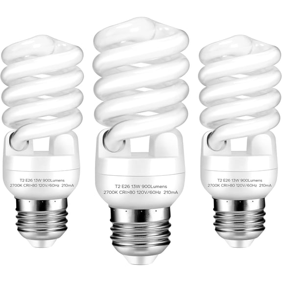 E26 Base 13W 2700K 900lm CFL Light Bulbs, T2 Spiral (60Watt Equivalent) Soft White Compact Fluorescent Light Bulbs, UL Approved, 120v 60Hz, Self Ballasted, Indoor Use (3 Pack)