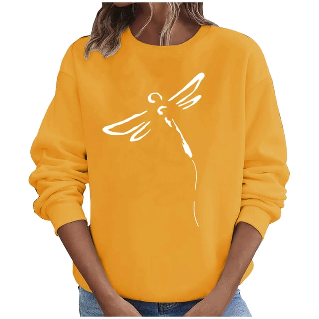 Penkiiy Blouses pour Femmes Hauts d'Automne Manches Longues Chandail Ample Chemise Décontractée Imprimé Poitrine Col Rond Chandails en Molleton Jaune Vêtements Y2K