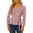 thumbnail image 1 of INSPIRE CHIC Blouse à Manches Longues à Encolure Carrée à Fleurs pour Femmes avec Ceinture TP Rouges, 1 of 5