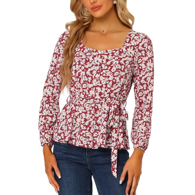 INSPIRE CHIC Blouse à Manches Longues à Encolure Carrée à Fleurs pour Femmes avec Ceinture TP Rouges