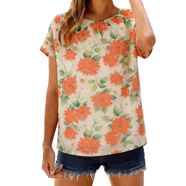 Mujeres Tops Casual Elegante Impresión de Gasa Reunido Escote Blusa Suave Verano Transpirable