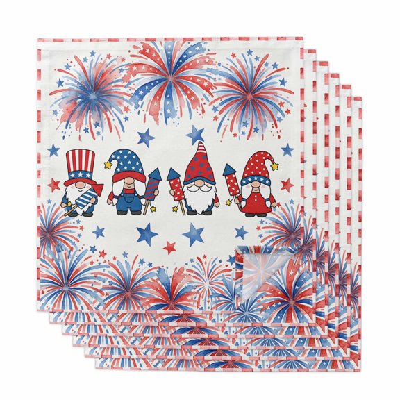Independence Day Cloth Napkins, American Flag Gnomes Firework Red Stripes Washable and Reusable Dinner Napkins Set of 6, Table Napkin for Kitchen Party Birthday Wedding Hotel Housewarming 20"x20"